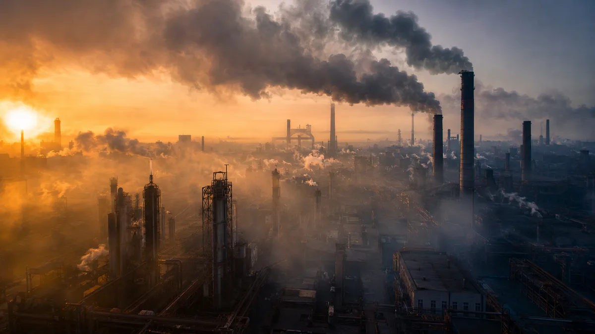 Thick orange smog over a city highway and factory chimneys at sunset